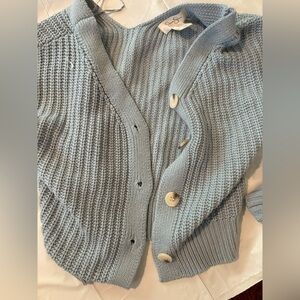 BABY BLUE BUTTON UP FALL OFF THE SHOULDER SWEATER SIZE M